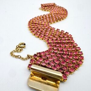 Vintage Pink Rhinestone Bracelet Statement 5 Row Wide Gold Tone Safety Chain 7"